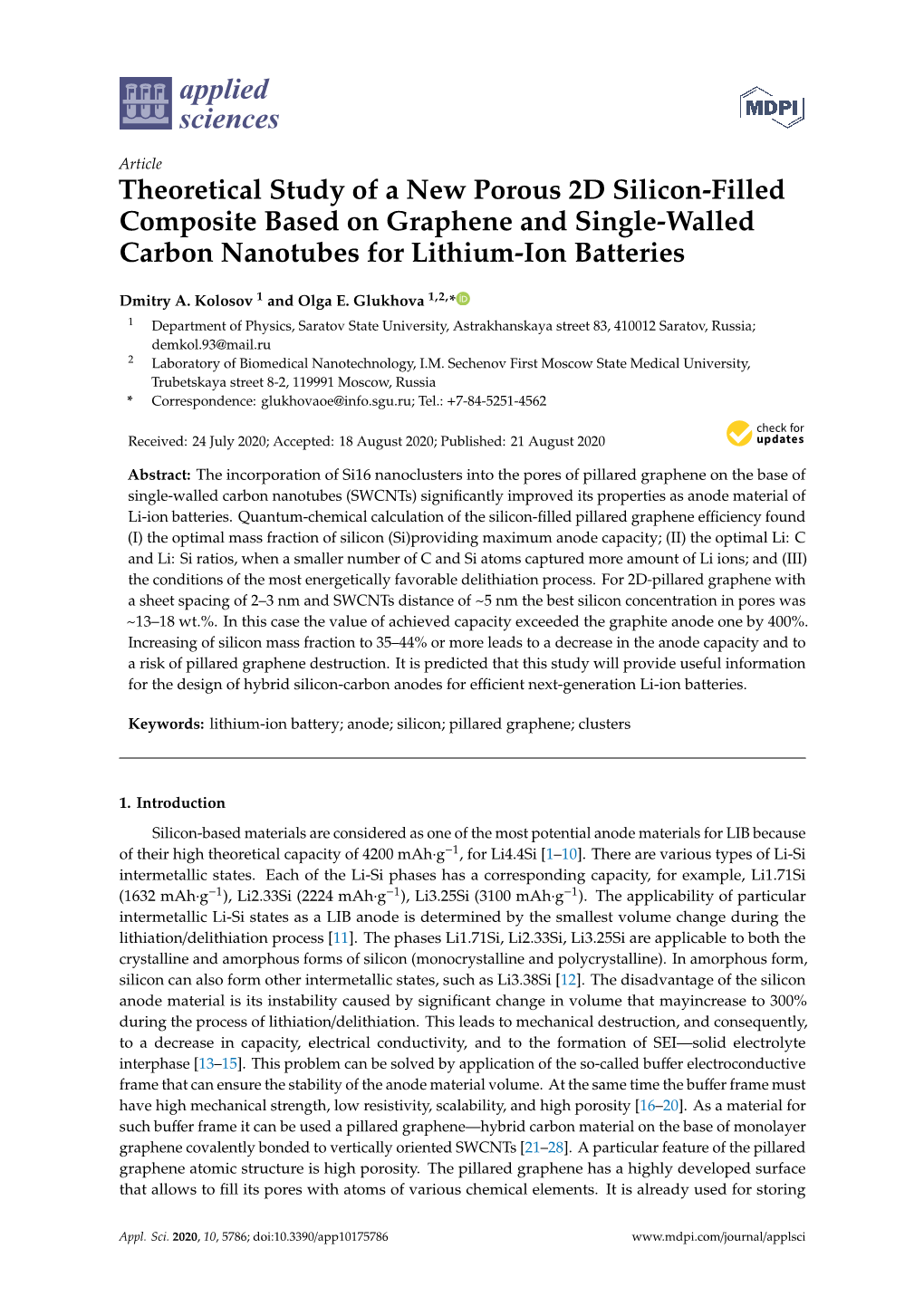 Theoretical Study of a New Porous 2D Silicon-Filled Composite Based on Graphene and Single-Walled Carbon Nanotubes for Lithium-Ion Batteries