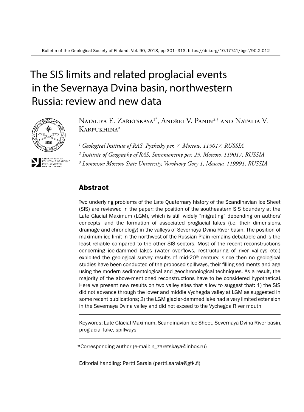 The SIS Limits and Related Proglacial Events in the Severnaya Dvina Basin, Northwestern Russia: Review and New Data