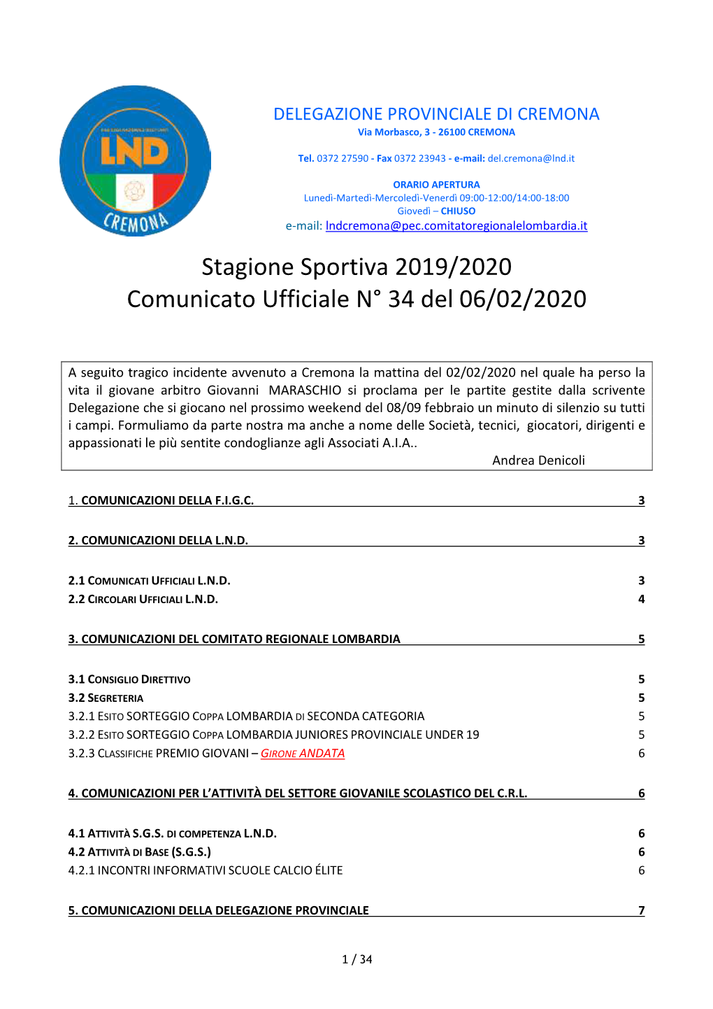 Stagione Sportiva 2019/2020 Comunicato Ufficiale N° 34 Del 06/02/2020