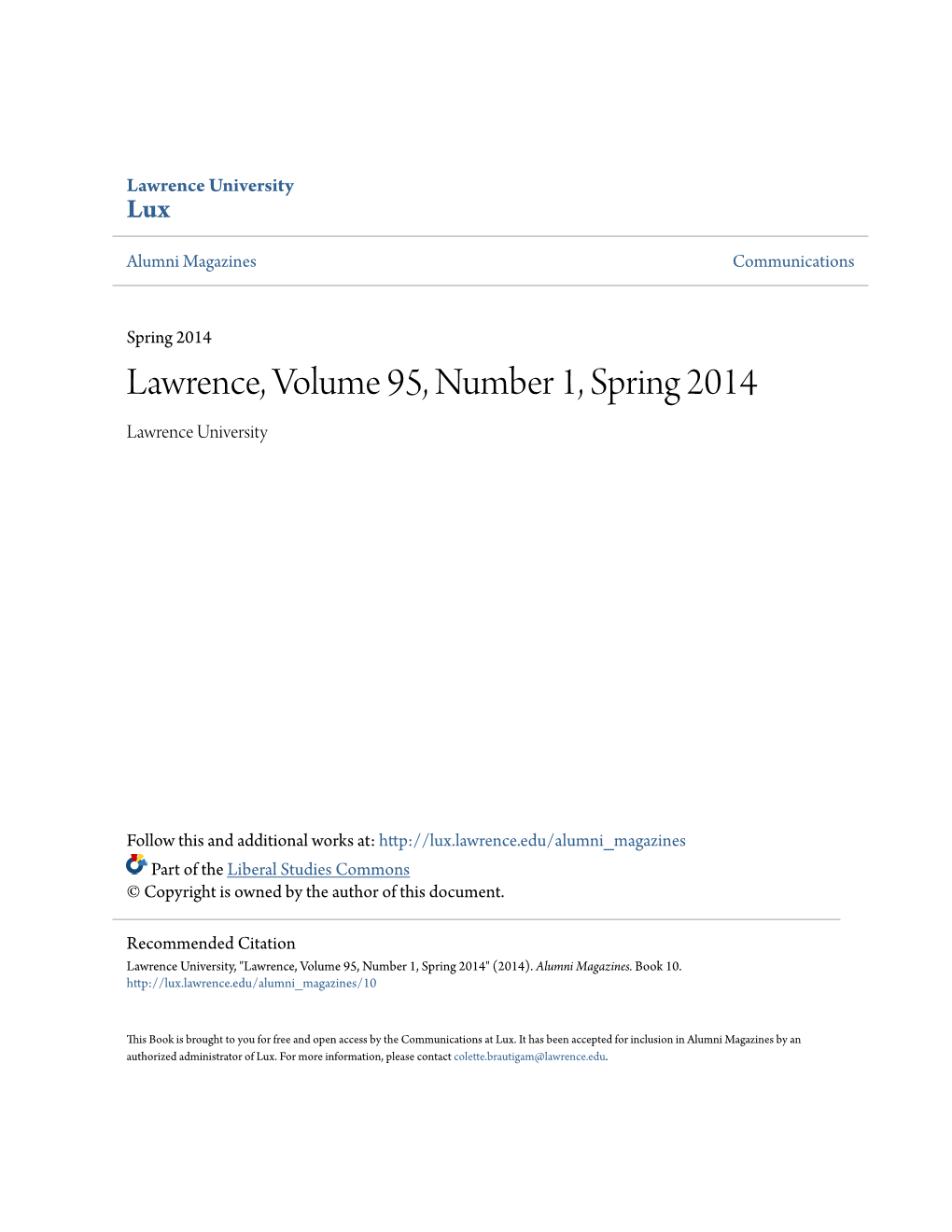 Lawrence, Volume 95, Number 1, Spring 2014 Lawrence University