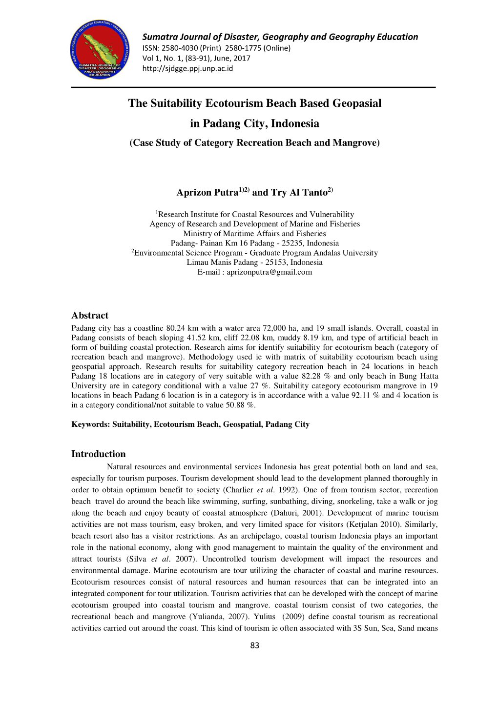 The Suitability Ecotourism Beach Based Geopasial in Padang City, Indonesia (Case Study of Category Recreation Beach and Mangrove)