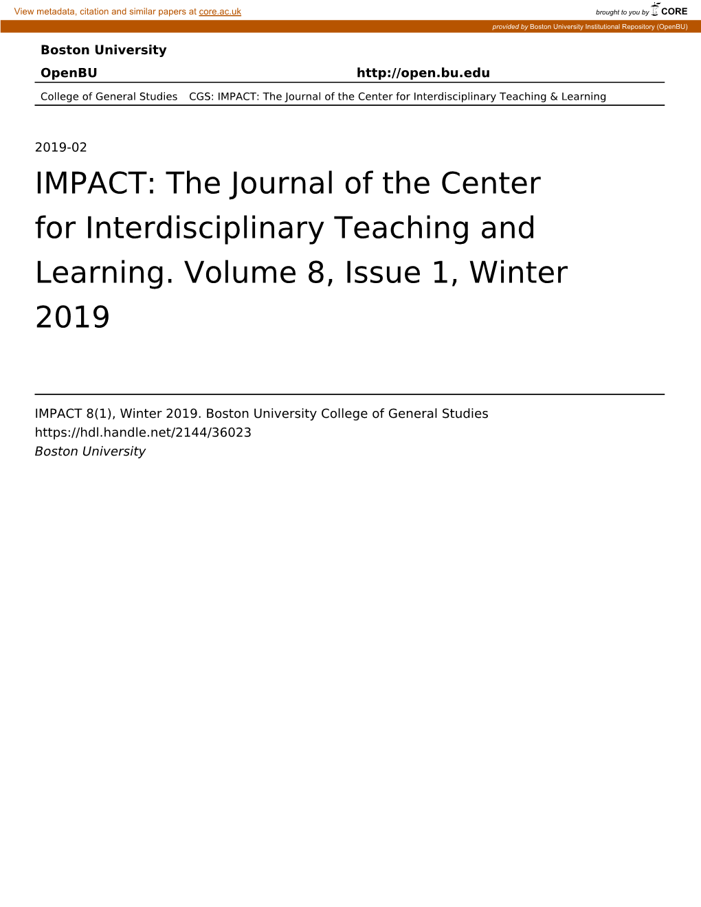 IMPACT: the Journal of the Center for Interdisciplinary Teaching and Learning. Volume 8, Issue 1, Winter 2019