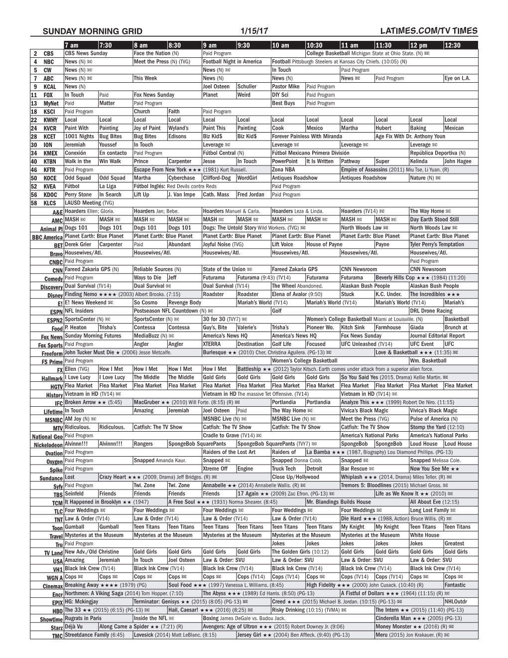 Sunday Morning Grid 1/15/17 Latimes.Com/Tv Times