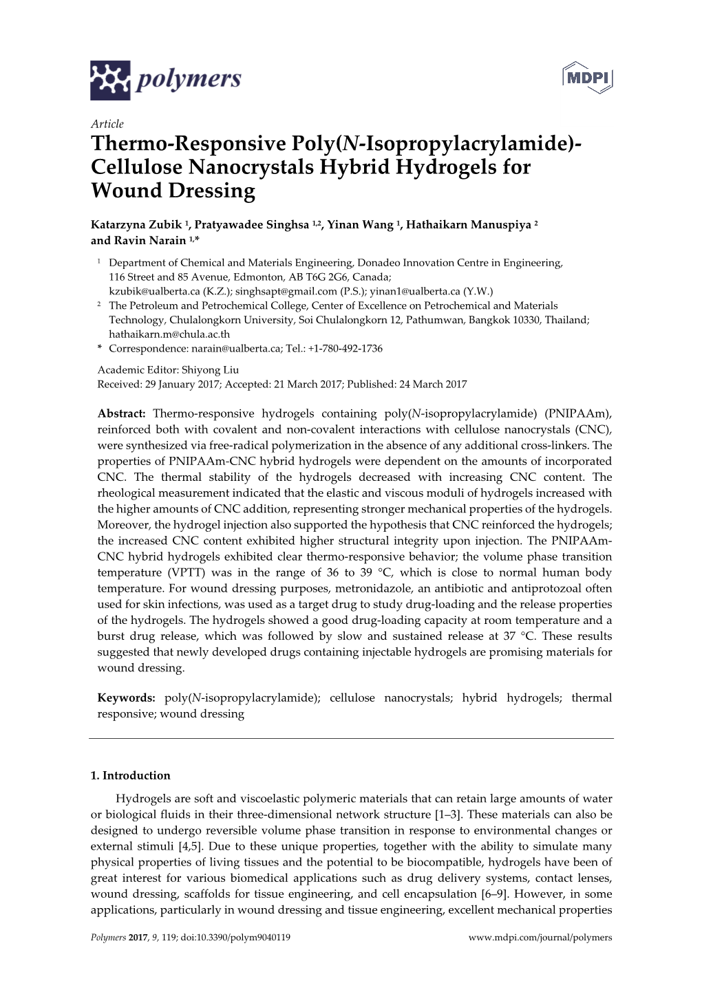 Thermo-Responsive Poly(N-Isopropylacrylamide)- Cellulose Nanocrystals Hybrid Hydrogels for Wound Dressing