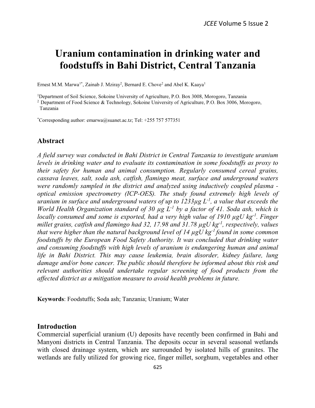 Uranium Contamination in Drinking Water and Foodstuffs in Bahi District, Central Tanzania