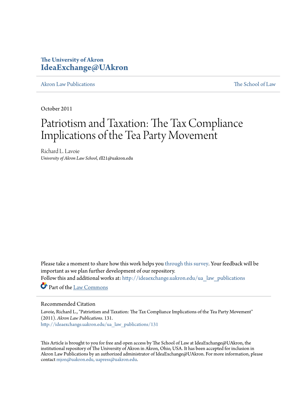 THE TAX COMPLIANCE IMPLICATIONS of the TEA PARTY MOVEMENT Richard Lavoie*