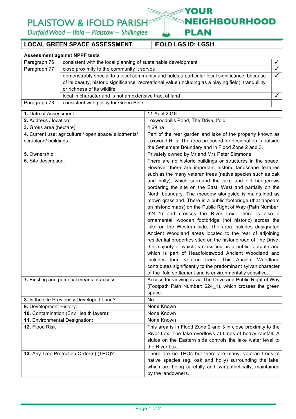 LOCAL GREEN SPACE ASSESSMENT IFOLD LGS ID: Lgsi1