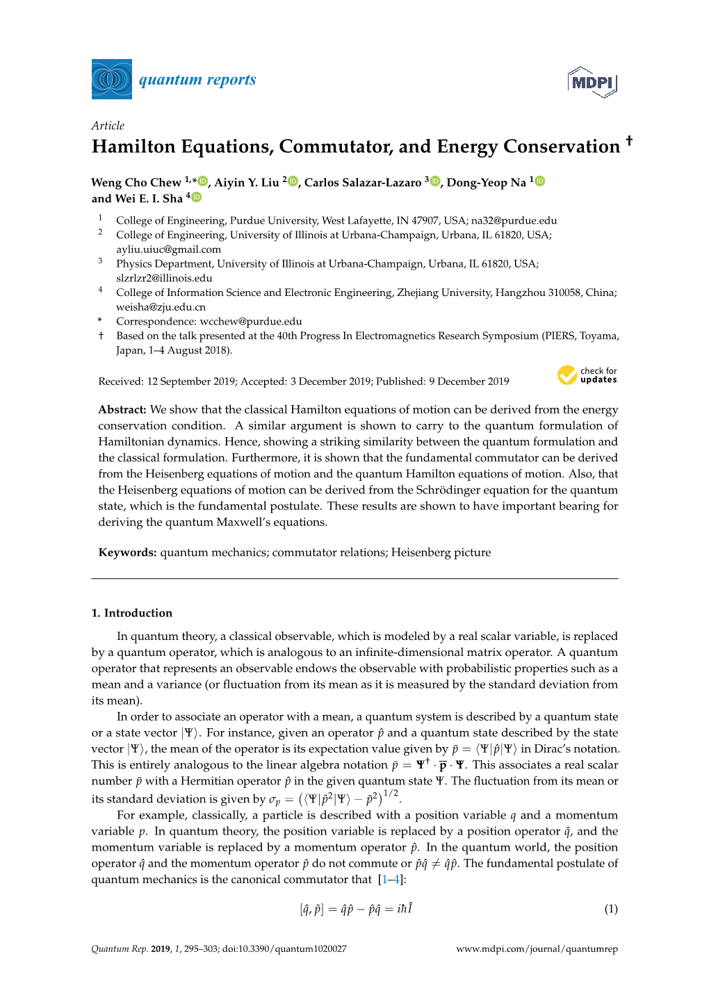 Hamilton Equations, Commutator, and Energy Conservation †