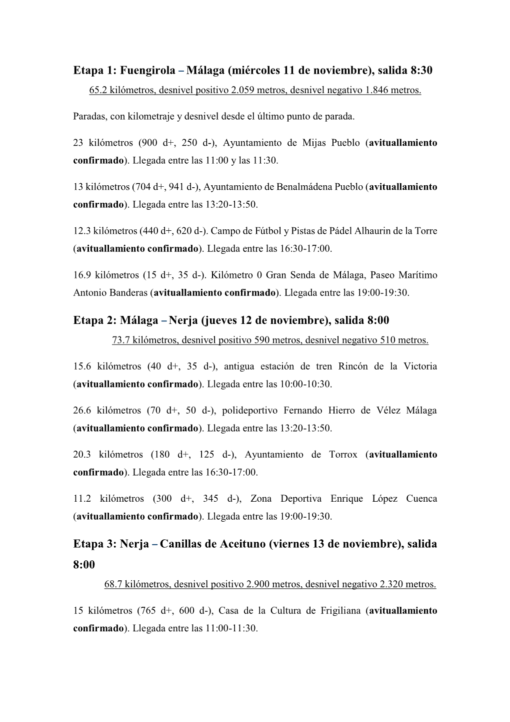 Etapa 1: Fuengirola – Málaga (Miércoles 11 De Noviembre), Salida 8:30 Etapa 2: Málaga – Nerja (Jueves 12 De Noviembre)