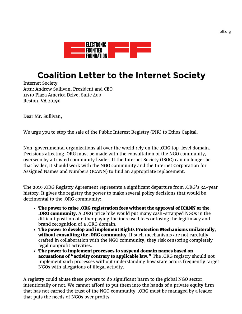 Coalition Letter to the Internet Society Internet Society Attn: Andrew Sullivan, President and CEO 11710 Plaza America Drive, Suite 400 Reston, VA 20190