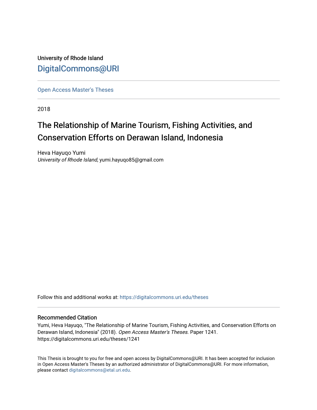 The Relationship of Marine Tourism, Fishing Activities, and Conservation Efforts on Derawan Island, Indonesia