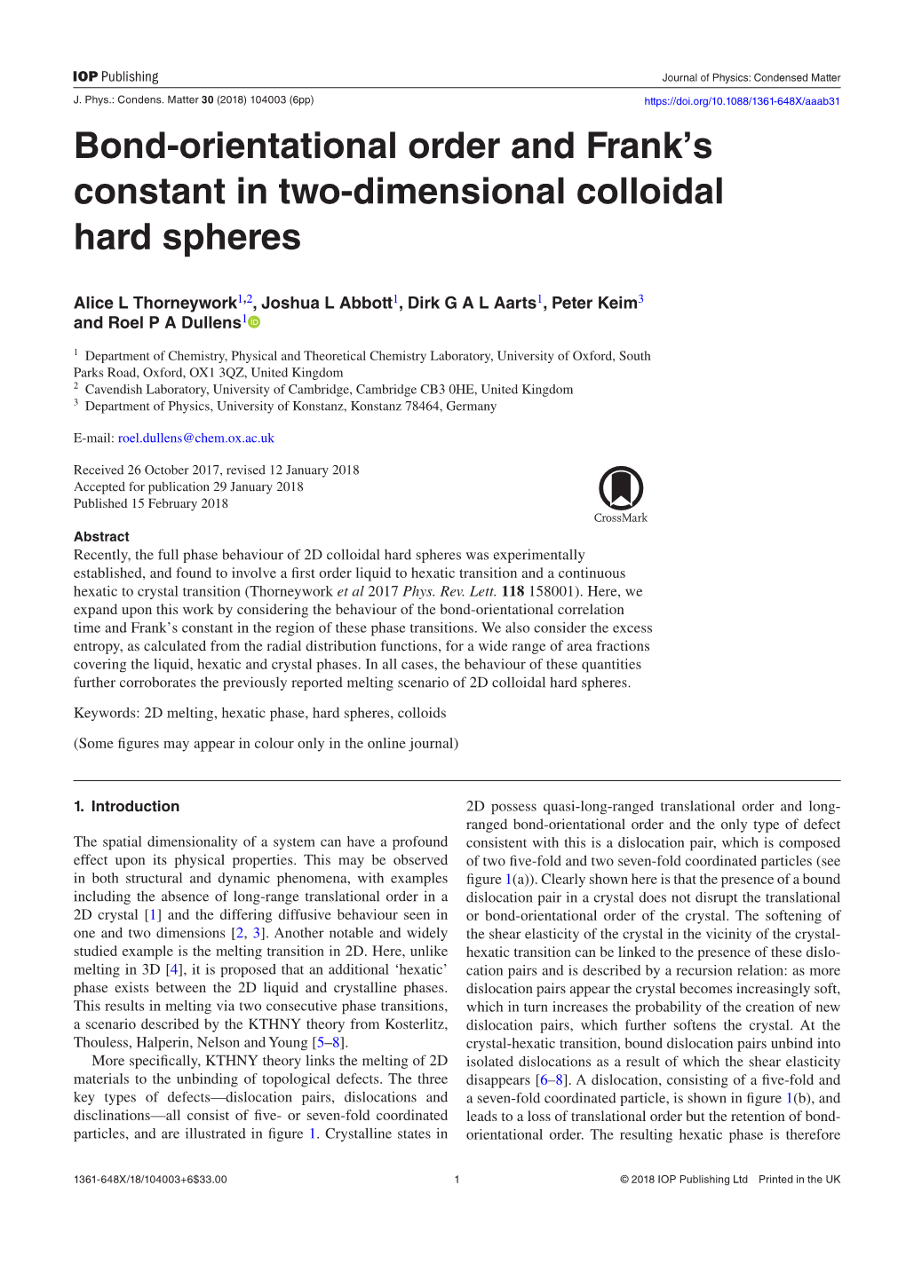 Bond-Orientational Order and Frank's Constant in Two-Dimensional