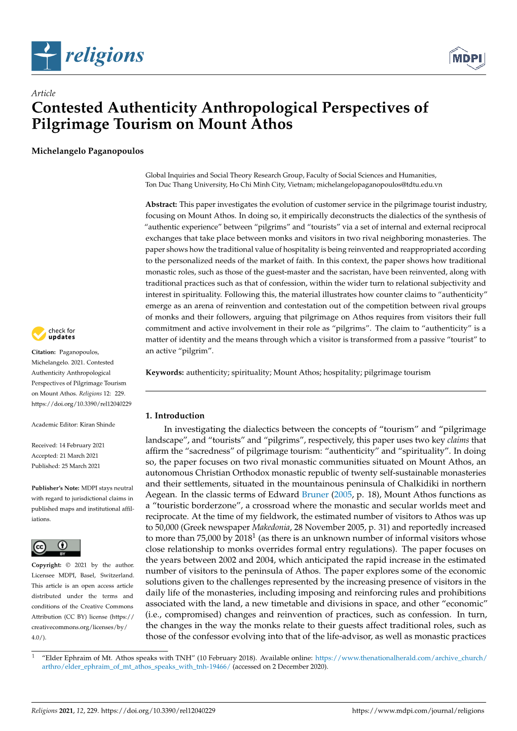 Contested Authenticity Anthropological Perspectives of Pilgrimage Tourism on Mount Athos