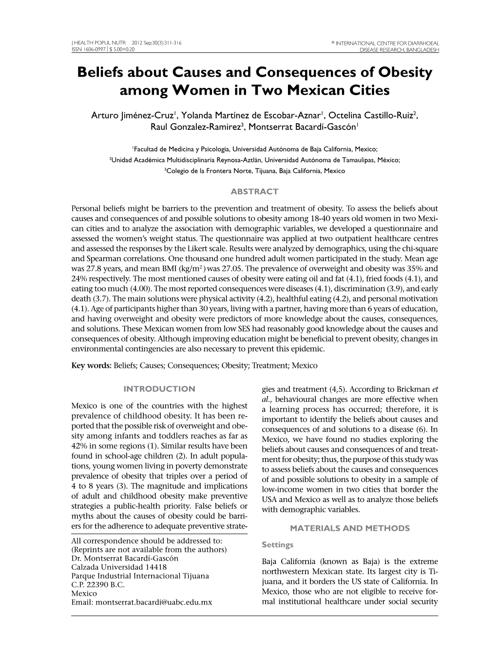 Beliefs About Causes and Consequences of Obesity Among Women in Two Mexican Cities