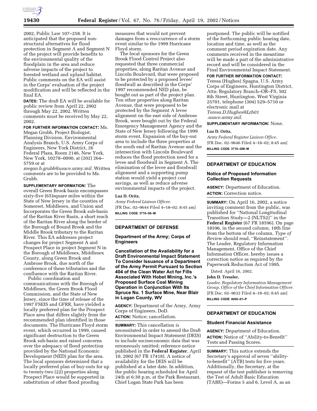 Federal Register/Vol. 67, No. 76/Friday, April 19, 2002/Notices
