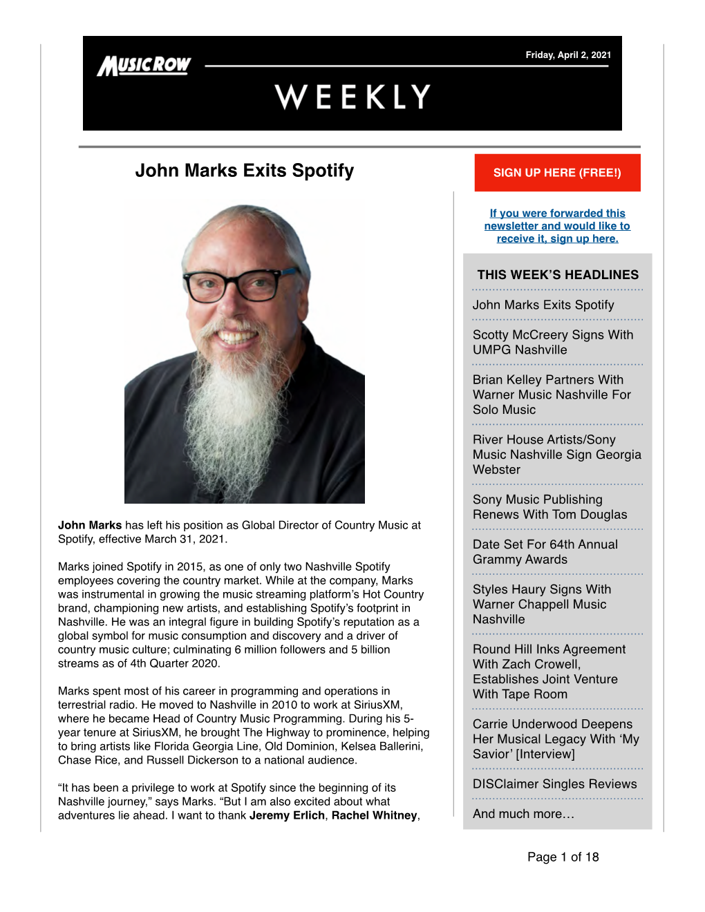 John Marks Exits Spotify SIGN up HERE (FREE!)