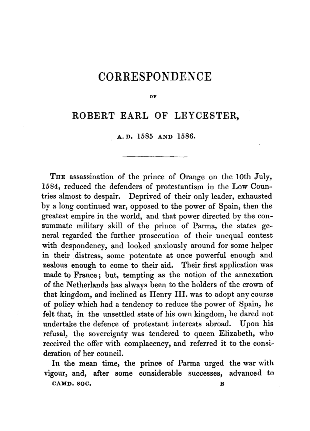 Correspondence of Robert Earl of Leycester, A.D. 1585 and 1586