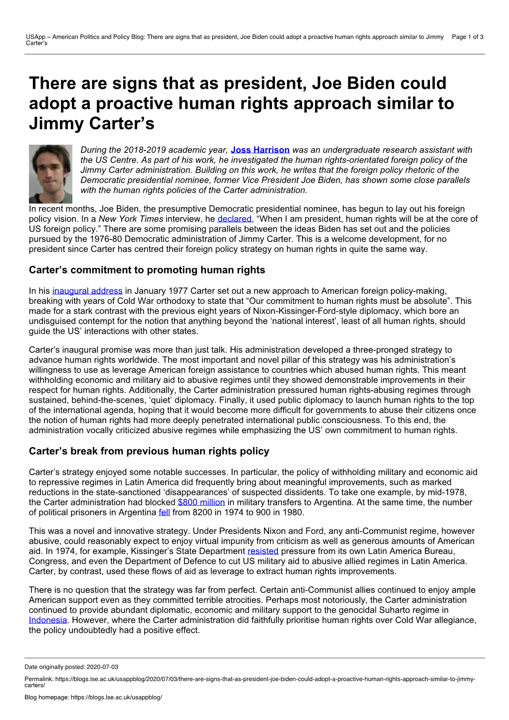 There Are Signs That As President, Joe Biden Could Adopt a Proactive Human Rights Approach Similar to Jimmy Page 1 of 3 Carter’S