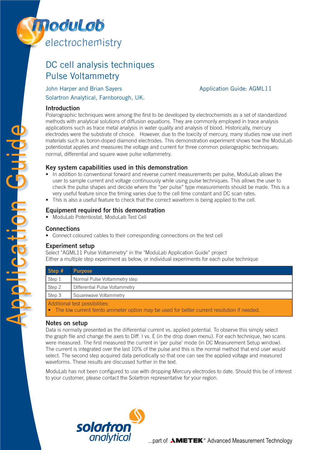 DC Cell Analysis Techniques Pulse Voltammetry John Harper and Brian Sayers Application Guide: AGML11 Solartron Analytical, Farnborough, UK