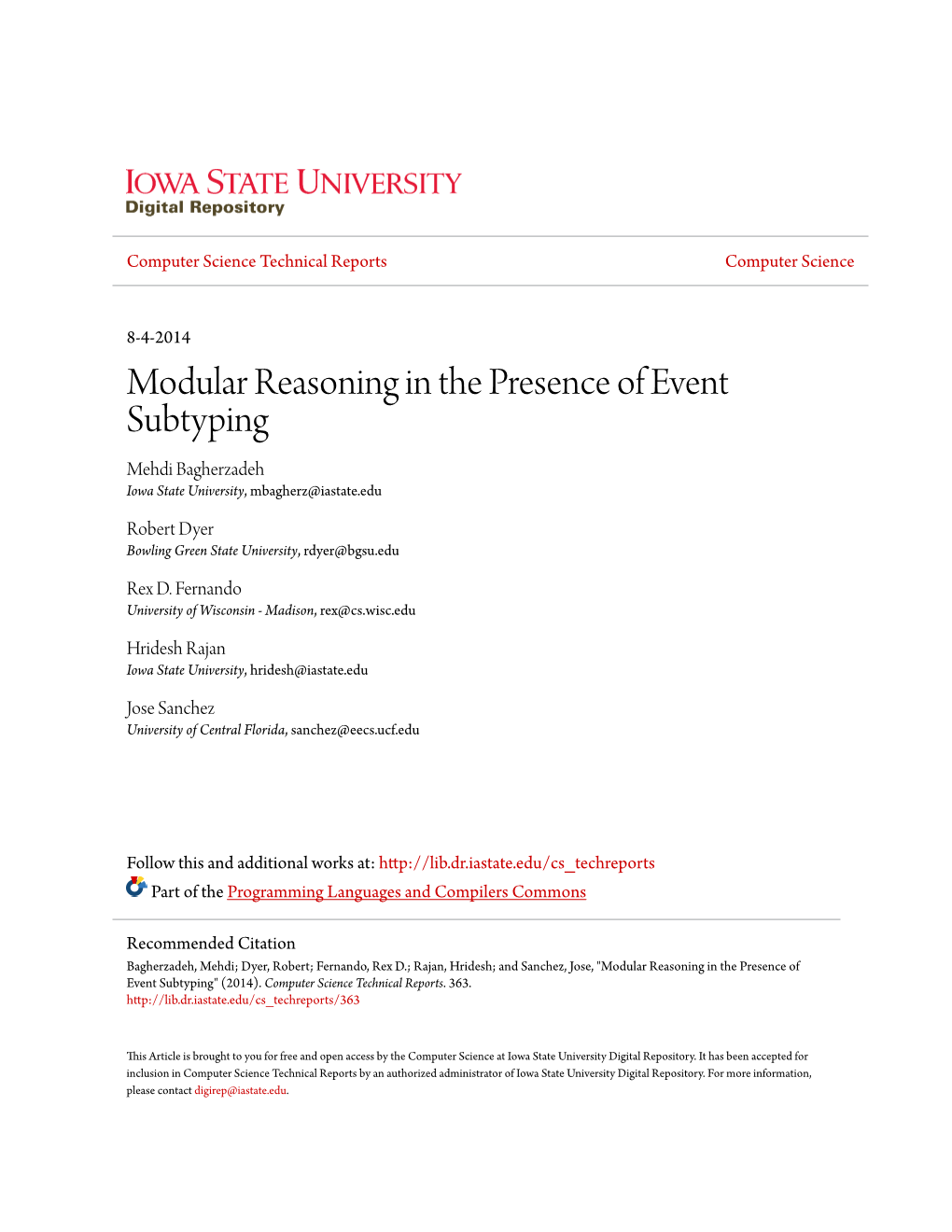 Modular Reasoning in the Presence of Event Subtyping Mehdi Bagherzadeh Iowa State University, Mbagherz@Iastate.Edu