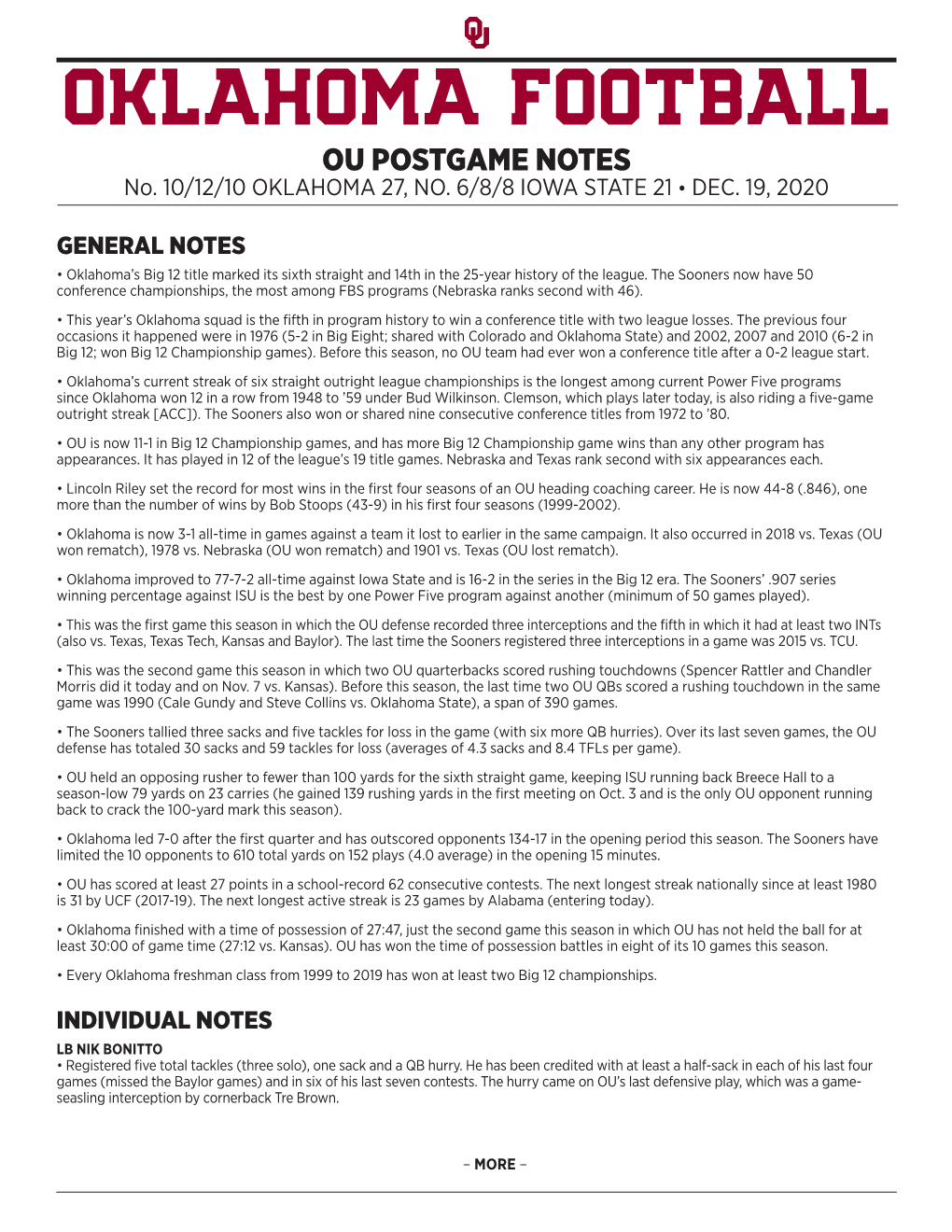 OKLAHOMA FOOTBALL OU POSTGAME NOTES No