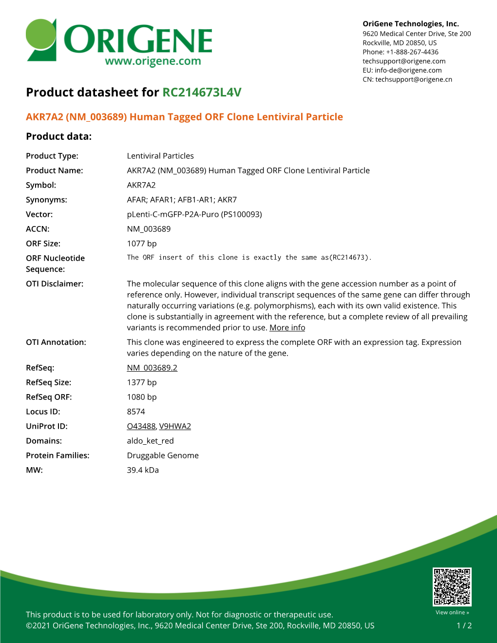 AKR7A2 (NM 003689) Human Tagged ORF Clone Lentiviral Particle Product Data