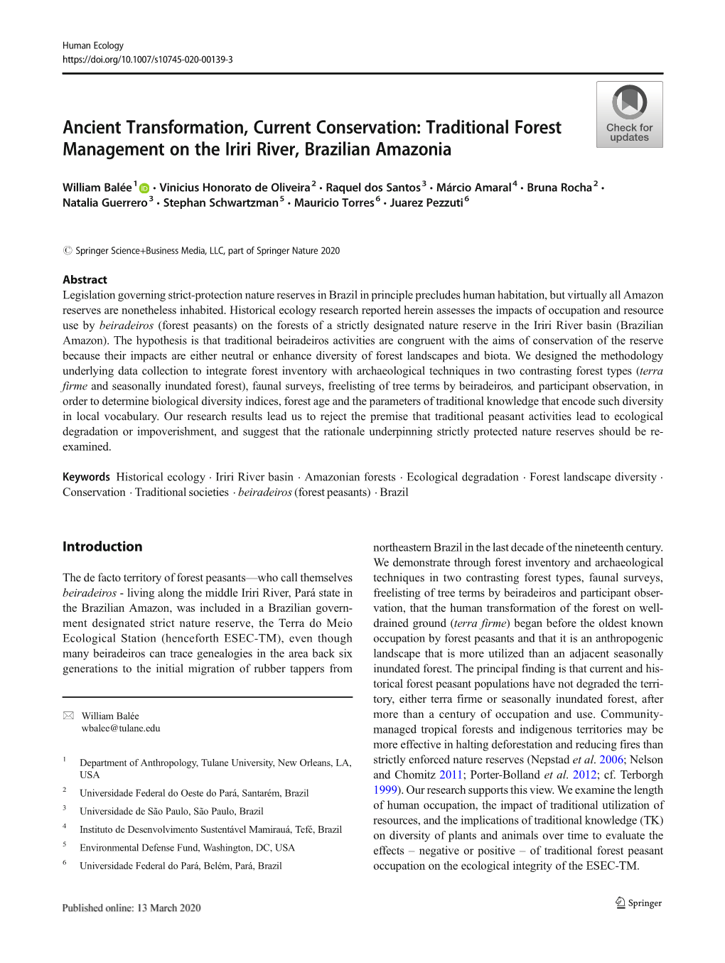 Ancient Transformation, Current Conservation: Traditional Forest Management on the Iriri River, Brazilian Amazonia