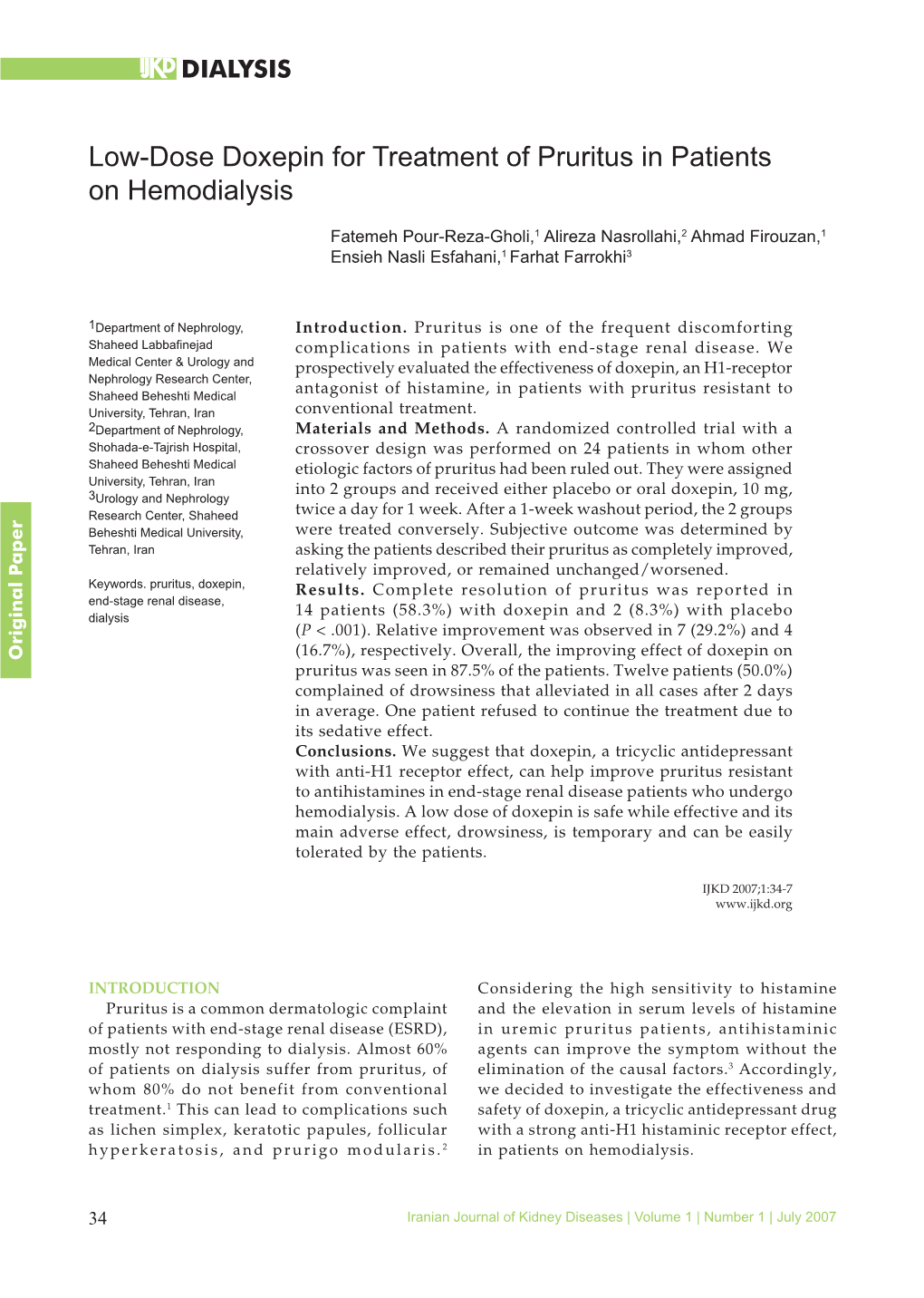 Low-Dose Doxepin for Treatment of Pruritus in Patients on Hemodialysis