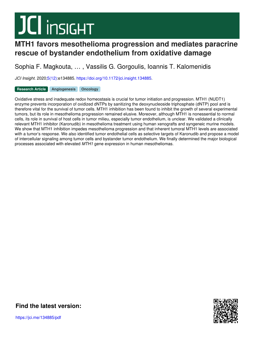 MTH1 Favors Mesothelioma Progression and Mediates Paracrine Rescue of Bystander Endothelium from Oxidative Damage