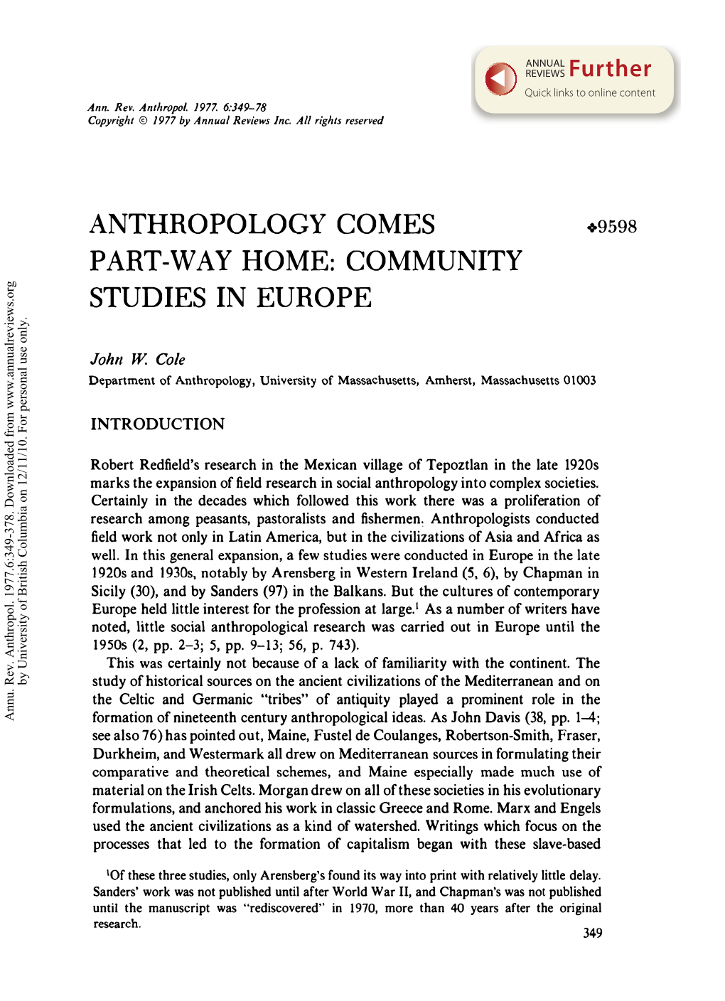 Anthropology Comes Part-Way Home: Community Studies In