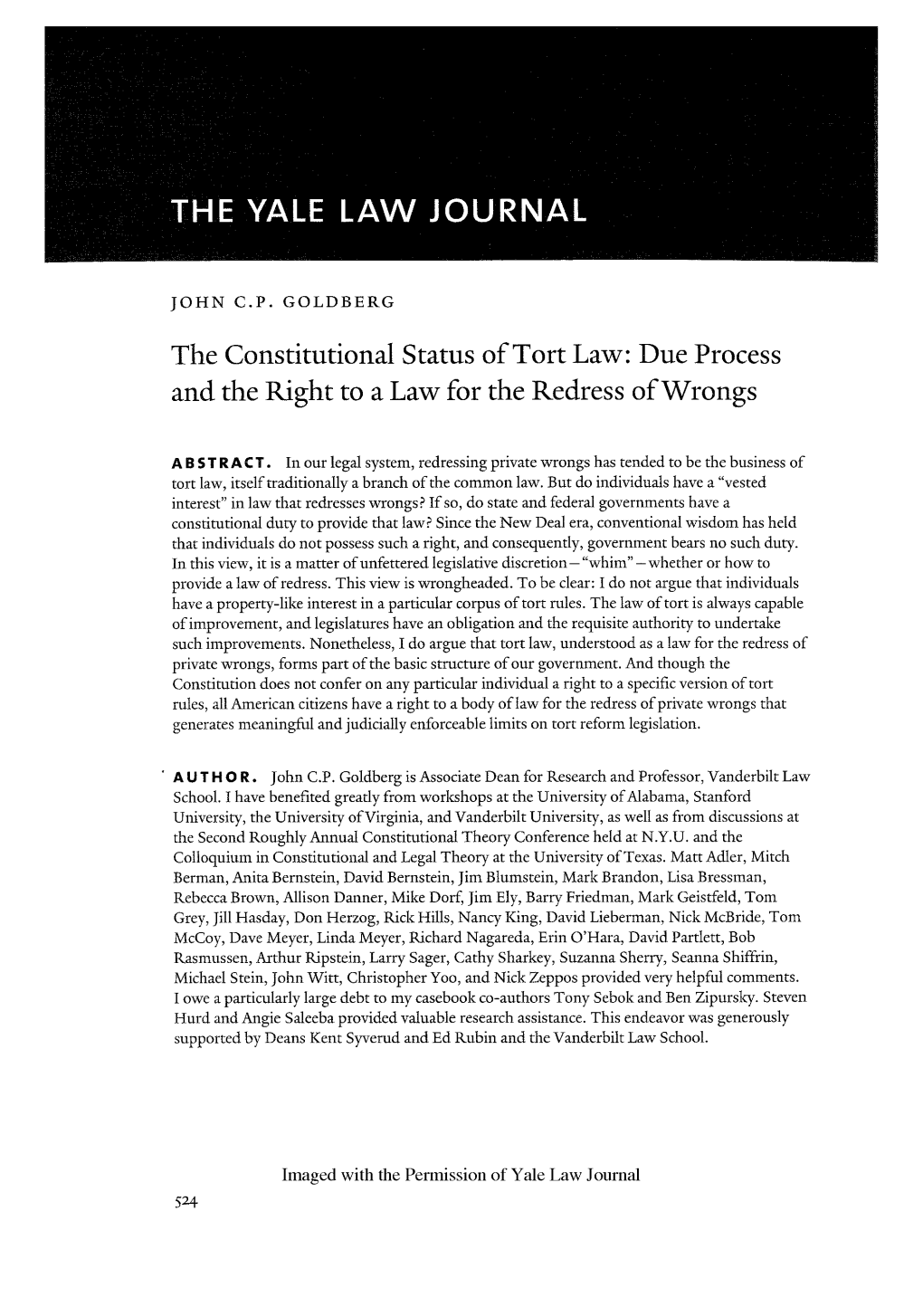 The Constitutional Status of Tort Law: Due Process and the Right to a Law for the Redress of Wrongs