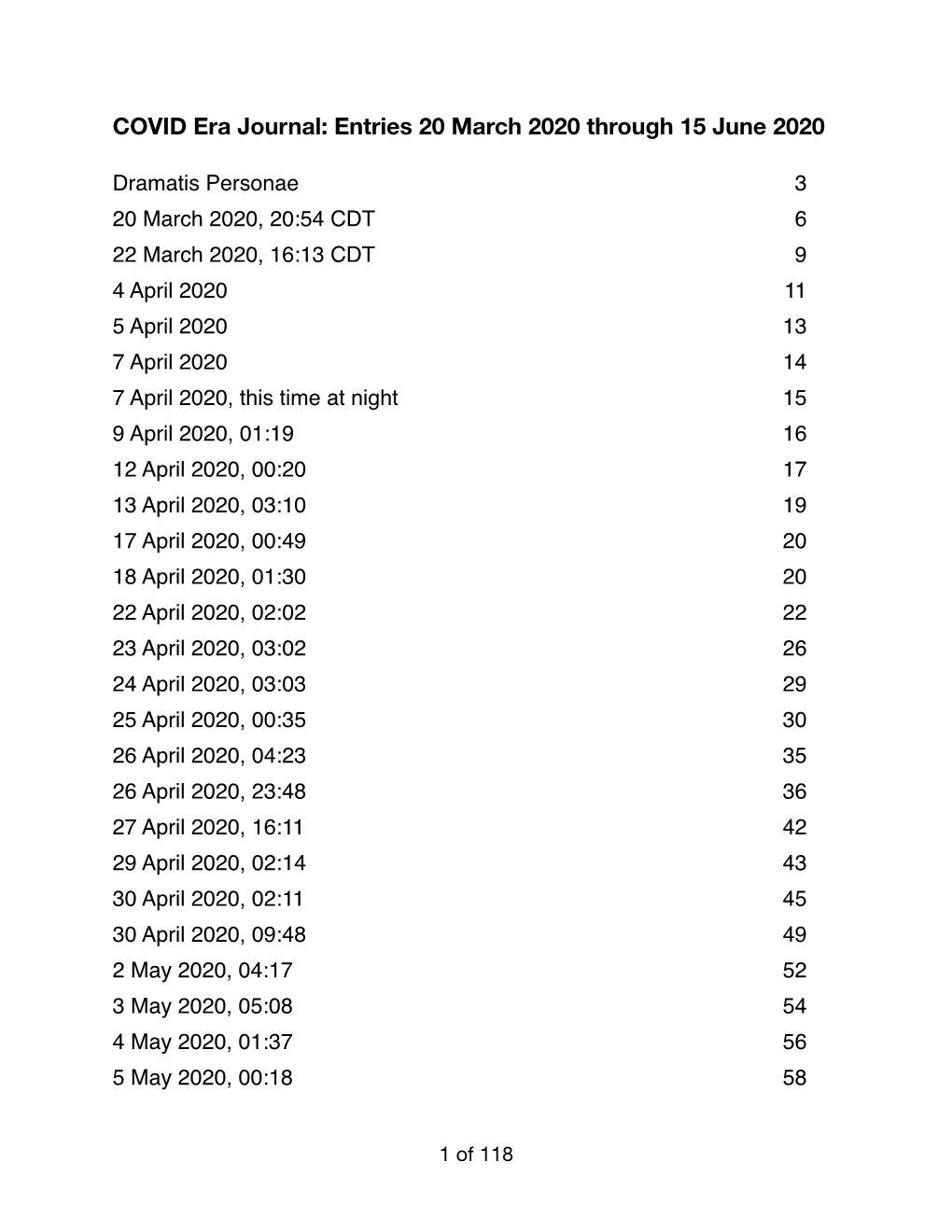 COVID Era Journal: Entries 20 March 2020 Through 15 June 2020