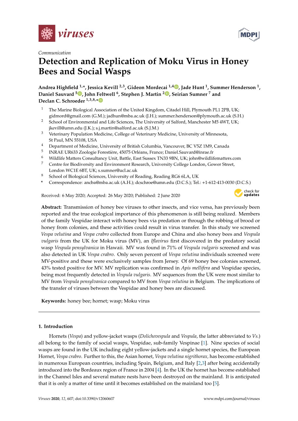 Detection and Replication of Moku Virus in Honey Bees and Social Wasps