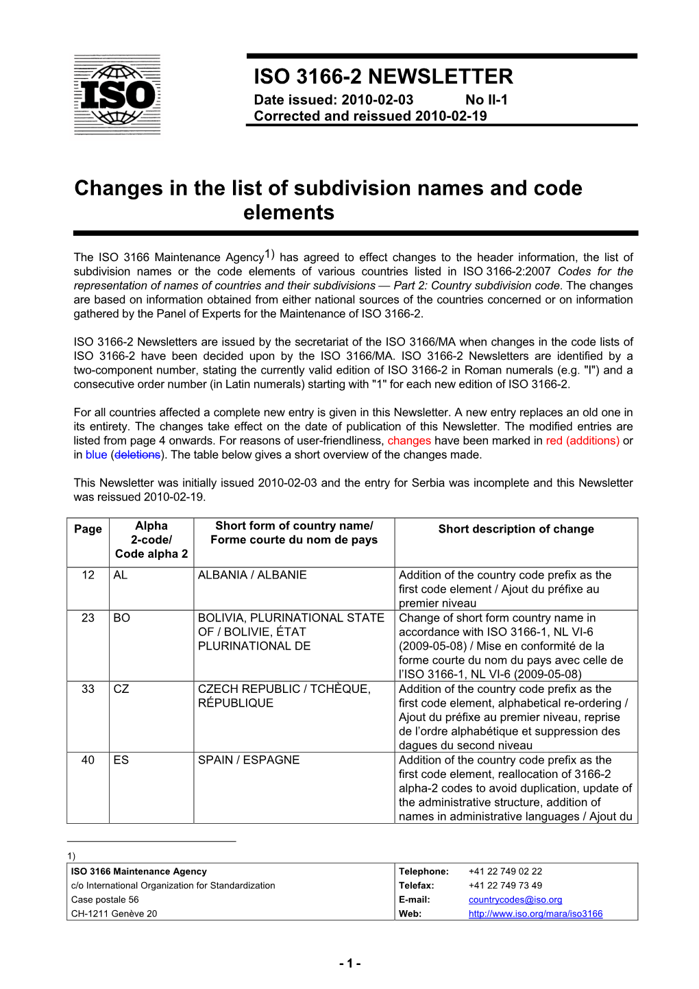 ISO 3166-2 NEWSLETTER Changes in the List of Subdivision Names And