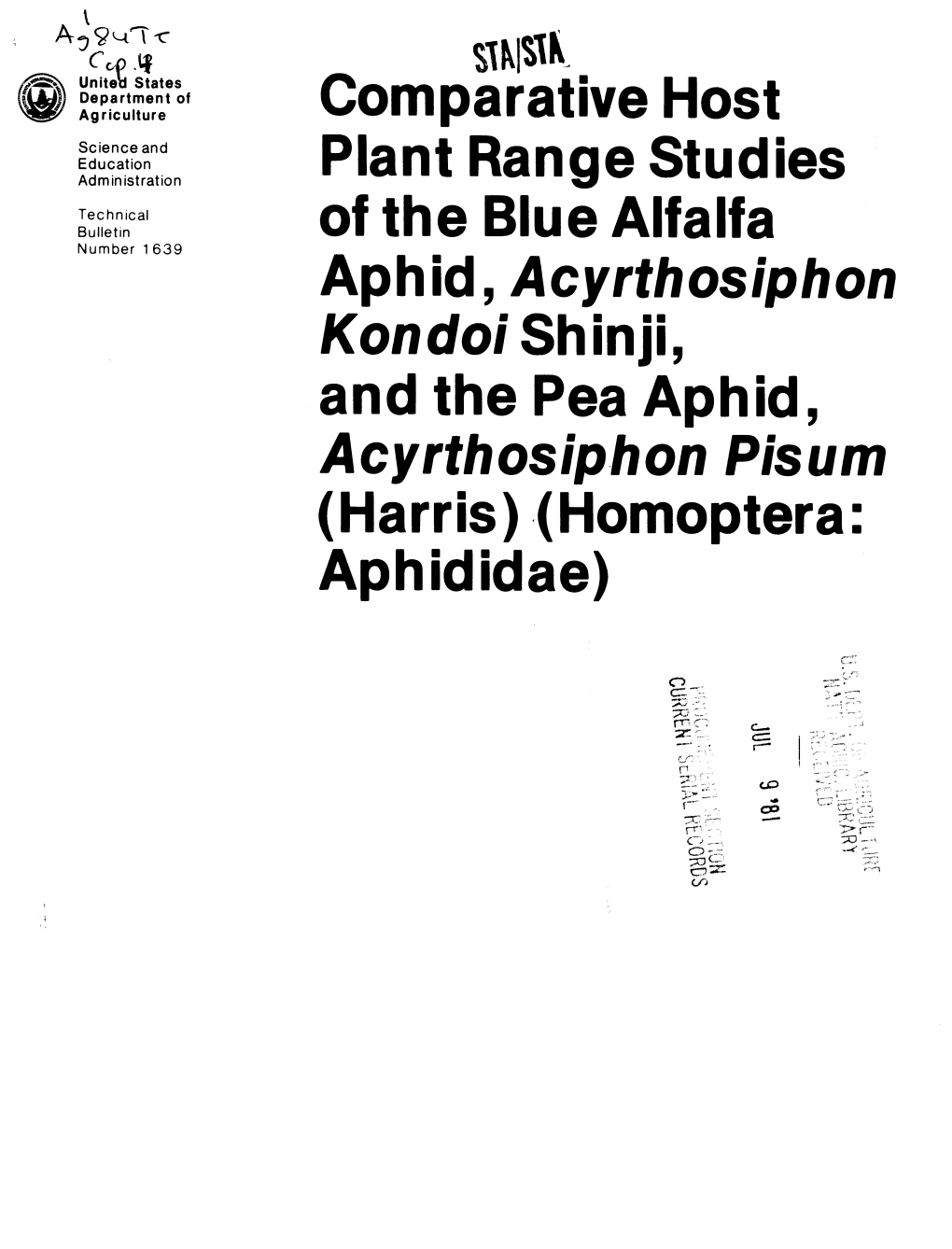 Iáe Comparative Host Plant Range Studies Ofthebluealfaifa