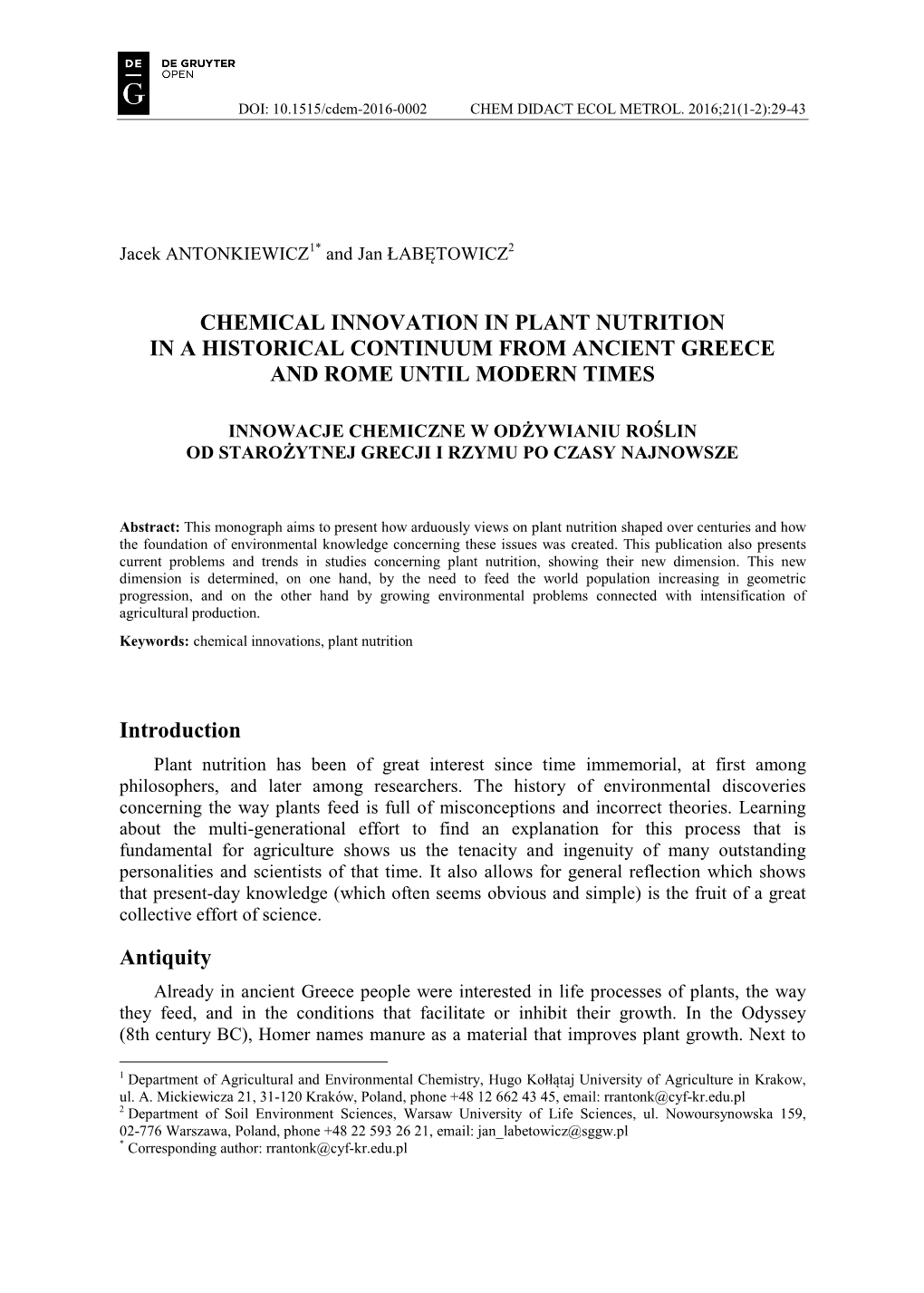 Chemical Innovation in Plant Nutrition in a Historical Continuum from Ancient Greece and Rome Until Modern Times