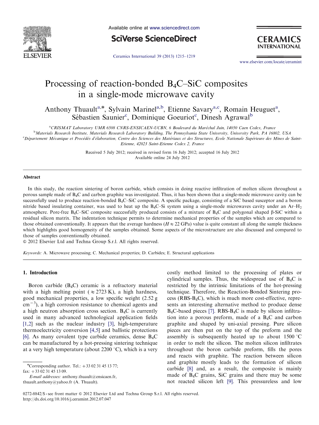 Processing of Reaction-Bonded B4C–Sic Composites in a Single-Mode Microwave Cavity