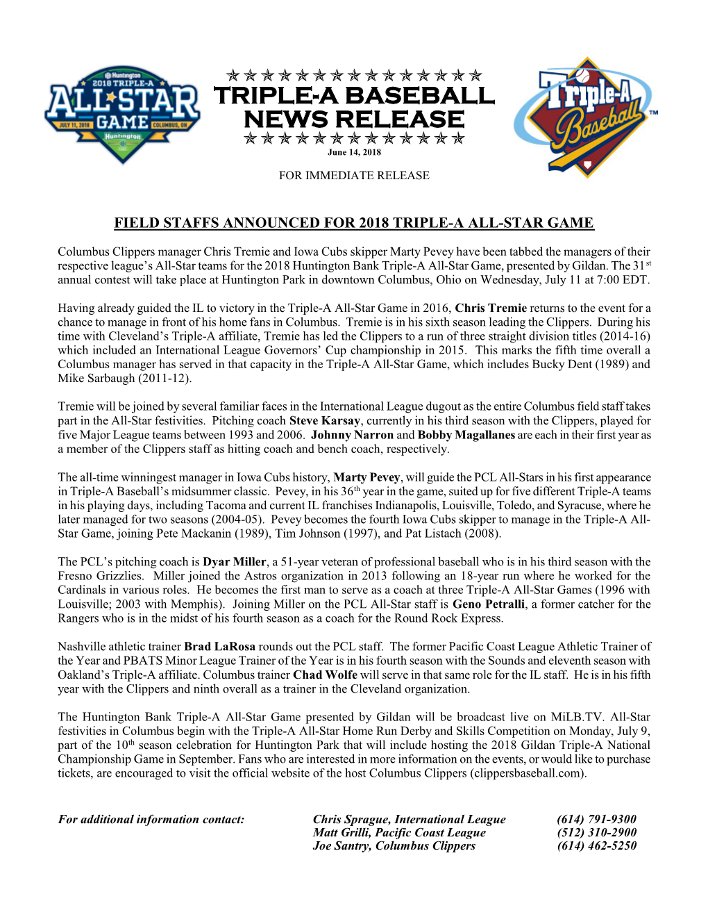 TRIPLE-A BASEBALL NEWS RELEASE  June 14, 2018