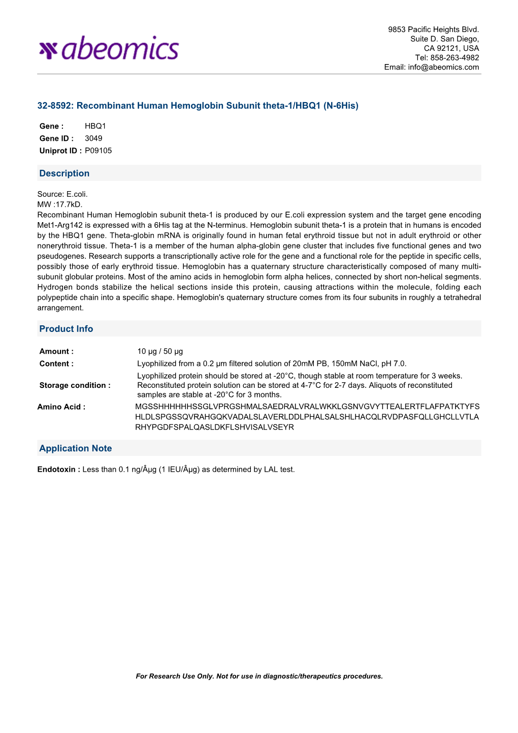 Recombinant Human Hemoglobin Subunit Theta-1/HBQ1 (N-6His)