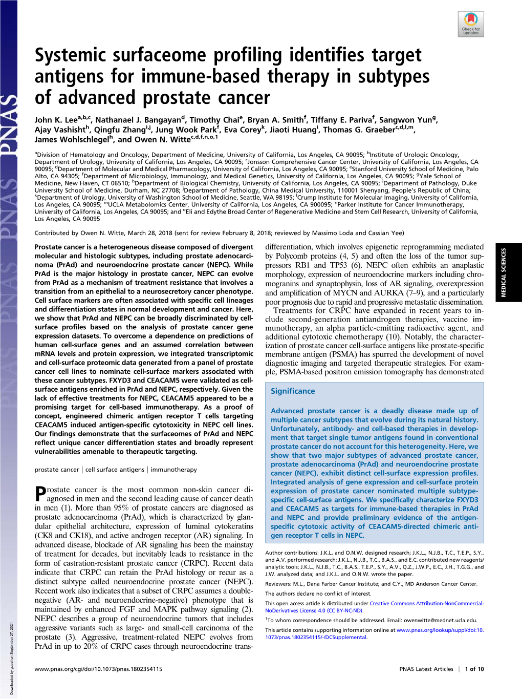 Systemic Surfaceome Profiling Identifies Target Antigens for Immune-Based Therapy in Subtypes of Advanced Prostate Cancer