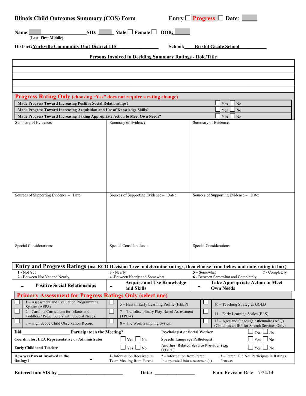 Illinois Child Outcomes Summary (COS) Form