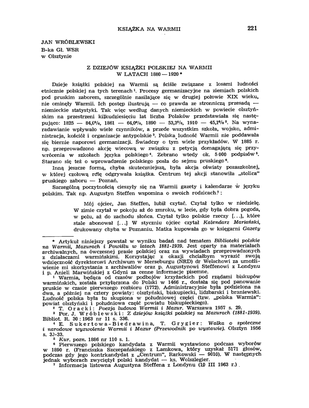 KSIĄŻKA NA WARMII JAN WRÓBLEWSKI B-Ka Gł. WSR W Olsztynie Z DZIEJÓW KSIĄŻKI POLSKIEJ NA WARMII W LATACH 1880 — 1920