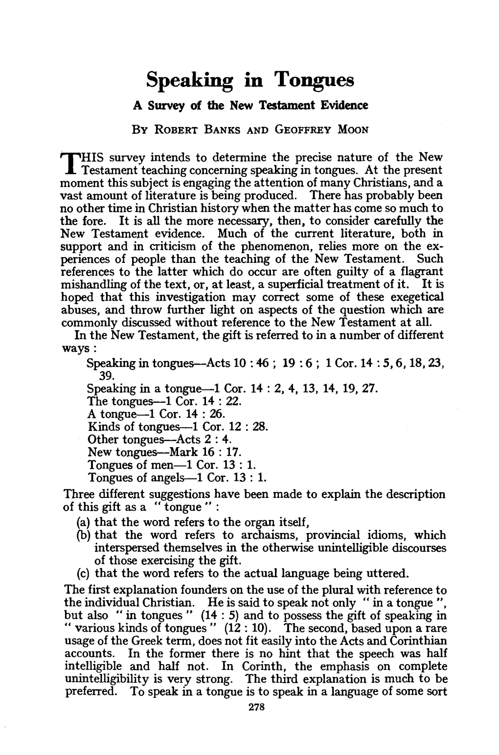 Speaking in Tongues a Survey of the New Testament Evidence