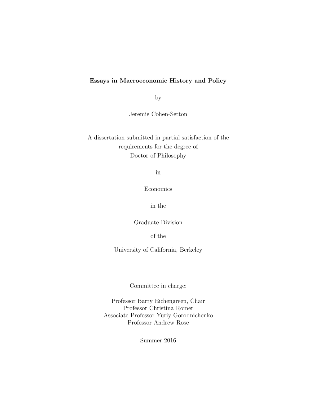 Essays in Macroeconomic History and Policy by Jeremie