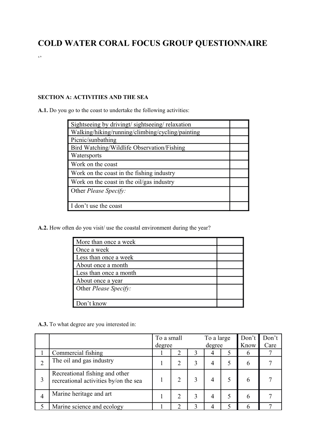 Cold Water Coral Focus Group Questionnaire