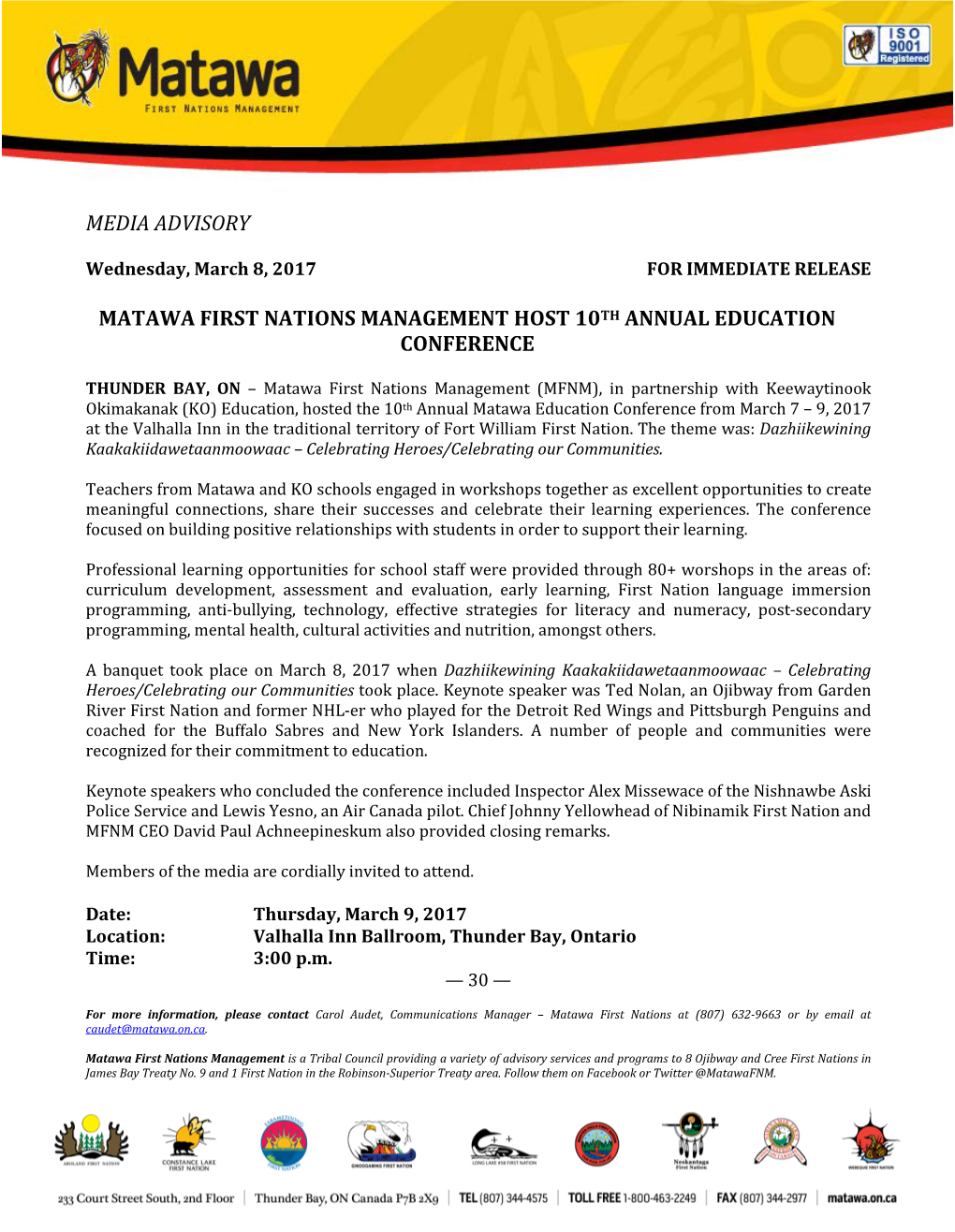 Media Advisory Matawa First Nations Management Host