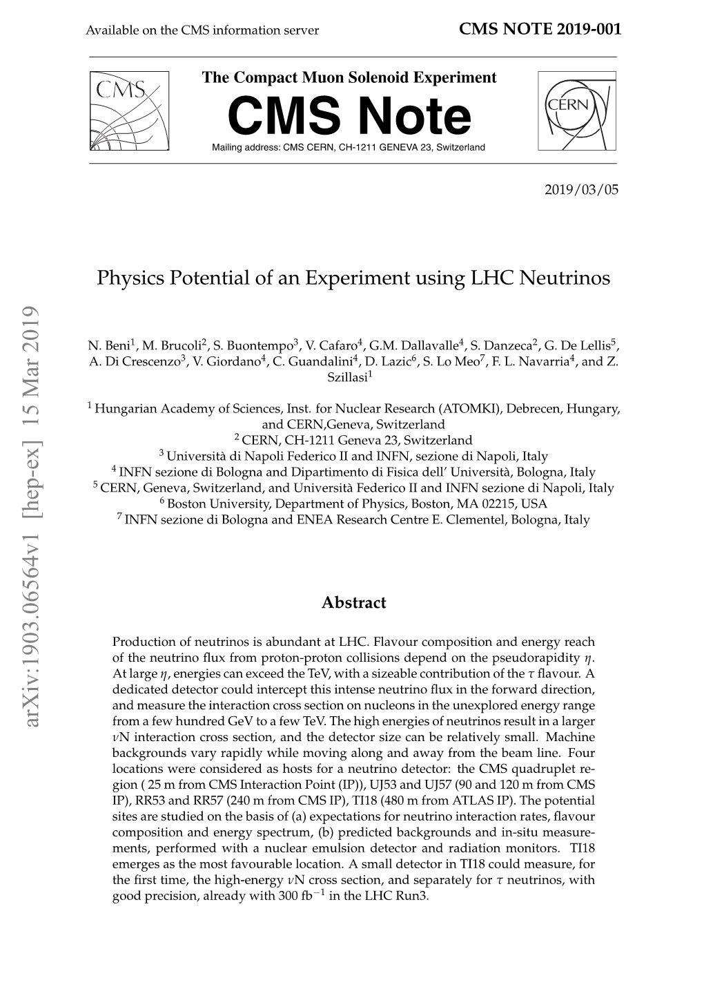 Physics Potential of an Experiment Using LHC Neutrinos