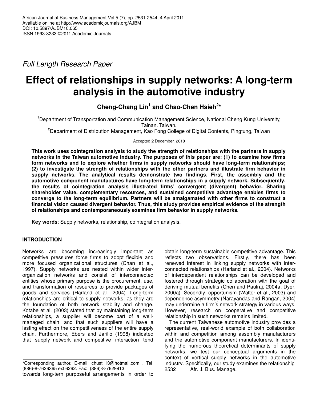 Effect of Relationships in Supply Networks: a Long-Term Analysis in the Automotive Industry
