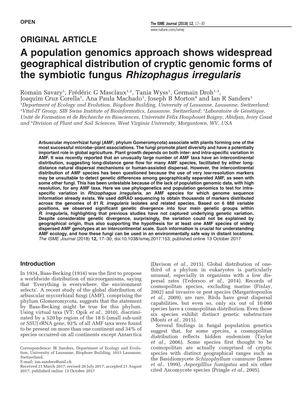 A Population Genomics Approach Shows Widespread Geographical Distribution of Cryptic Genomic Forms of the Symbiotic Fungus Rhizophagus Irregularis
