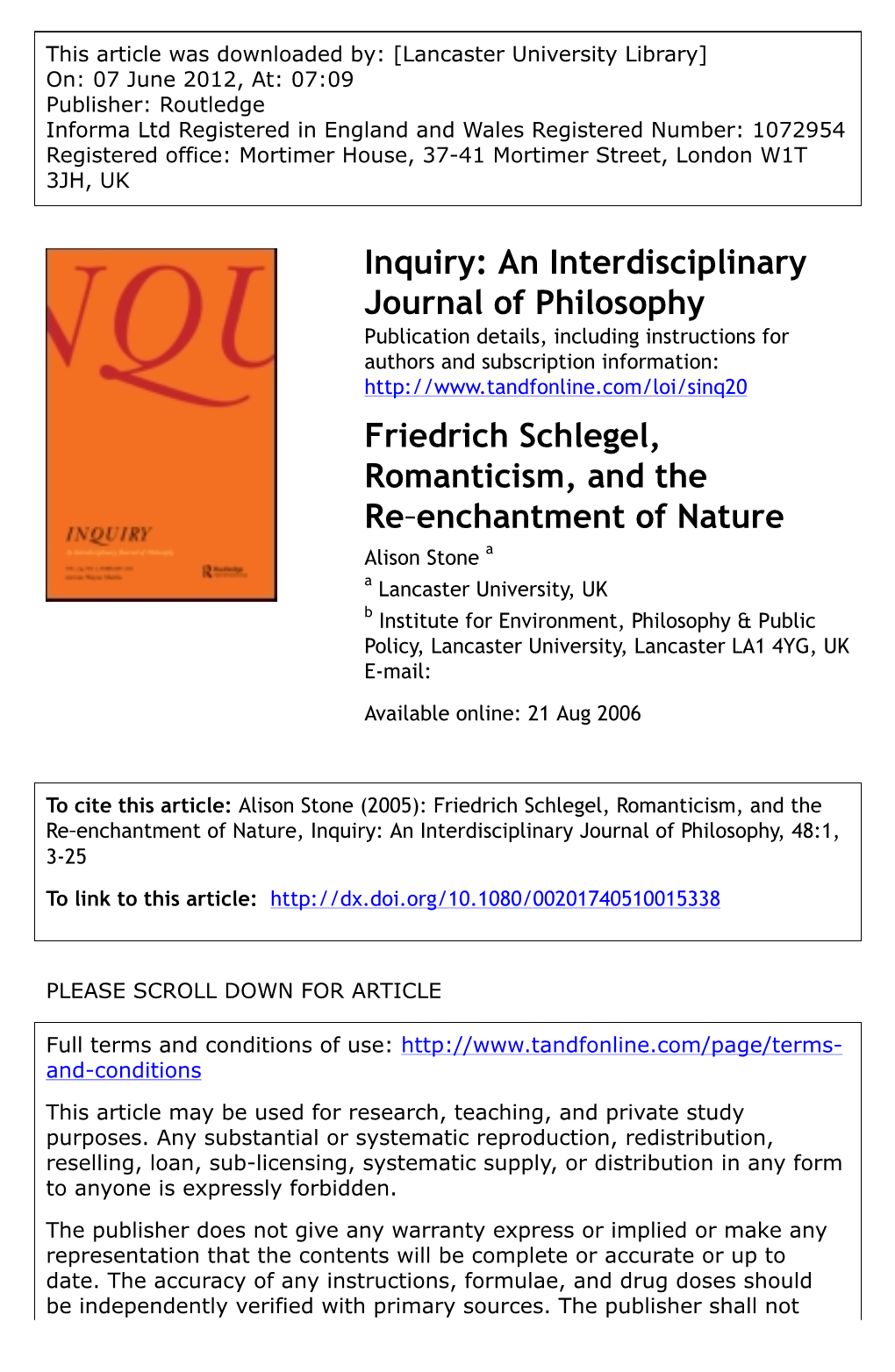 Friedrich Schlegel, Romanticism, and the Re‐Enchantment of Nature